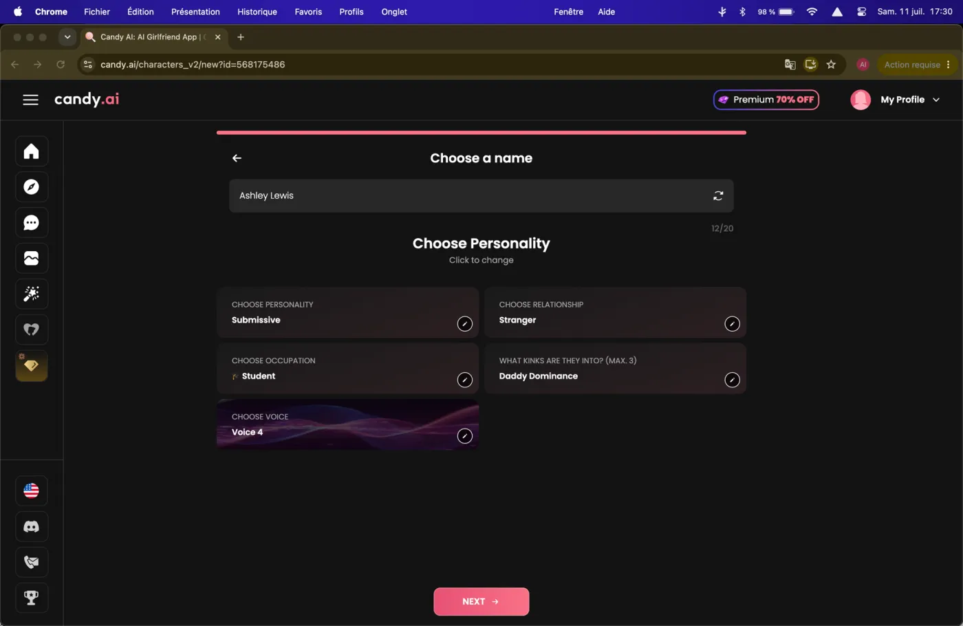 Setting a character personality on Candy.ai