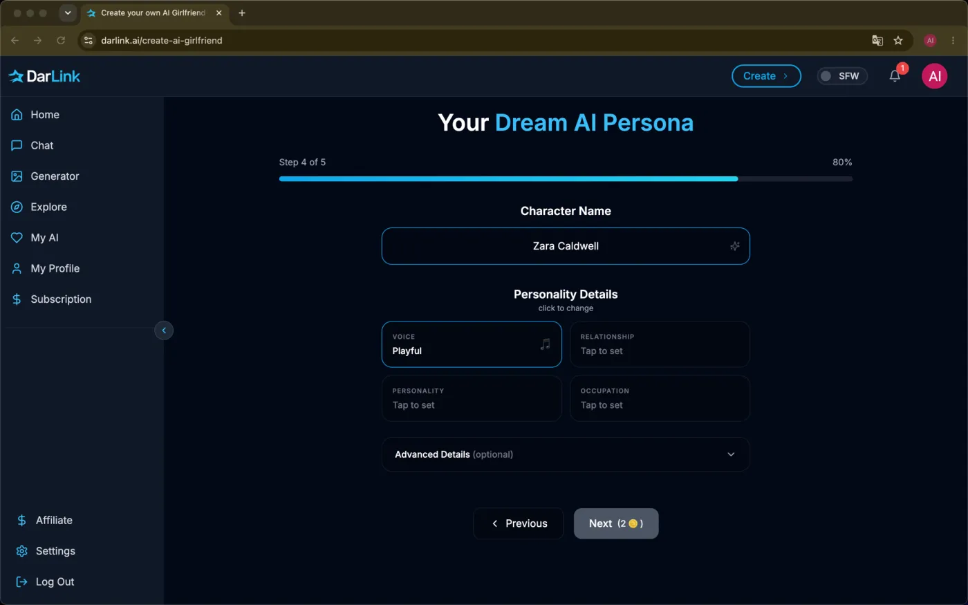 Creating a character on DarLink AI