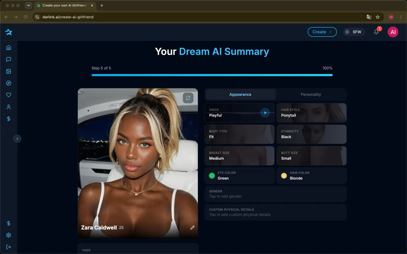 Customizing a character on DarLink AI
