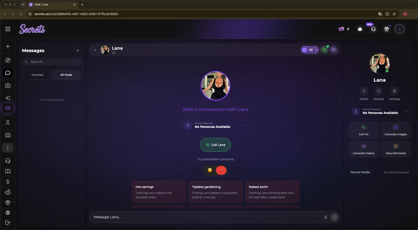 Secrets.ai call, image, video and scenario features