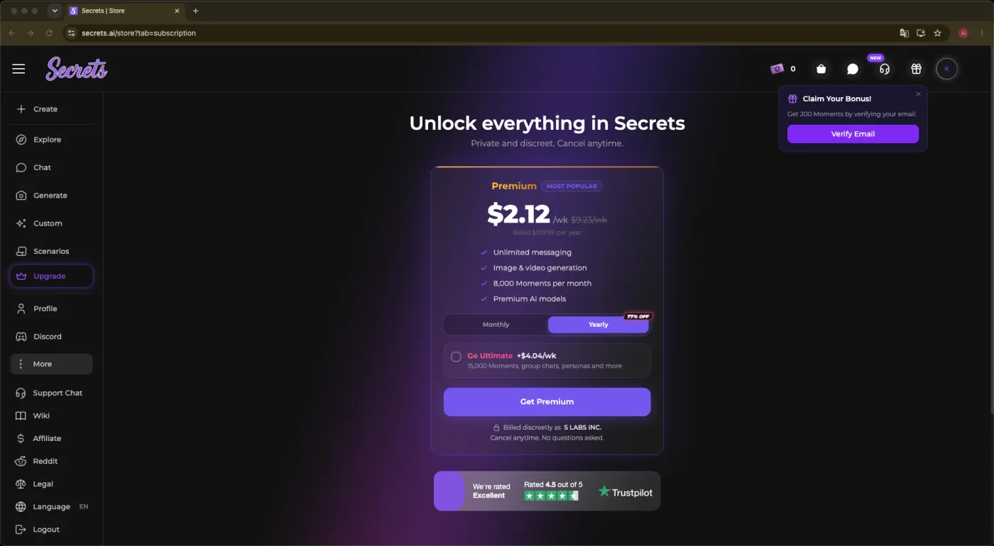 Secrets.ai pricing plans