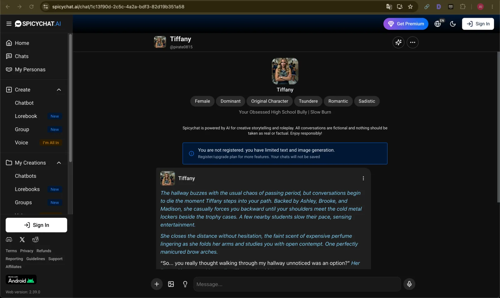 A real SpicyChat AI roleplay conversation