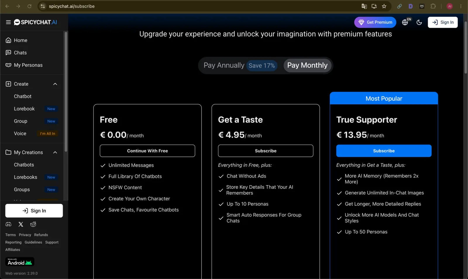 SpicyChat AI pricing plans